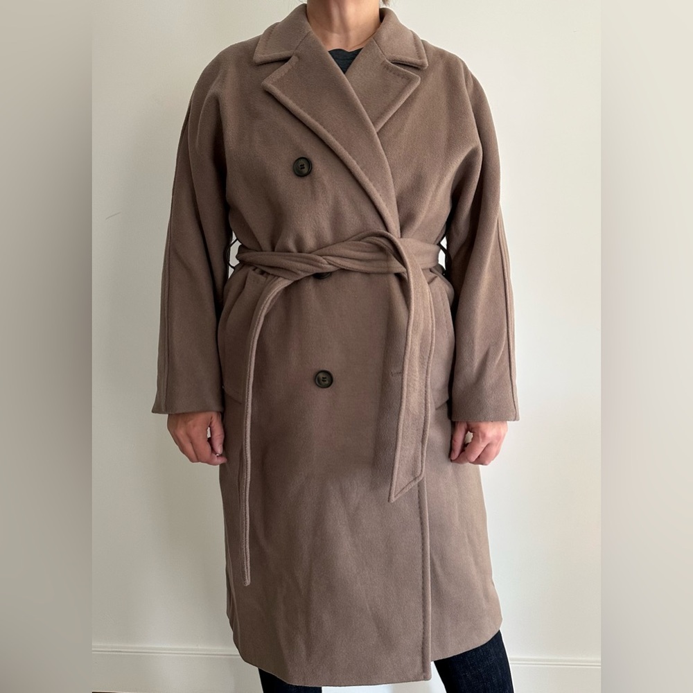 DKNY Belted Notch Collar Coat in Taupe